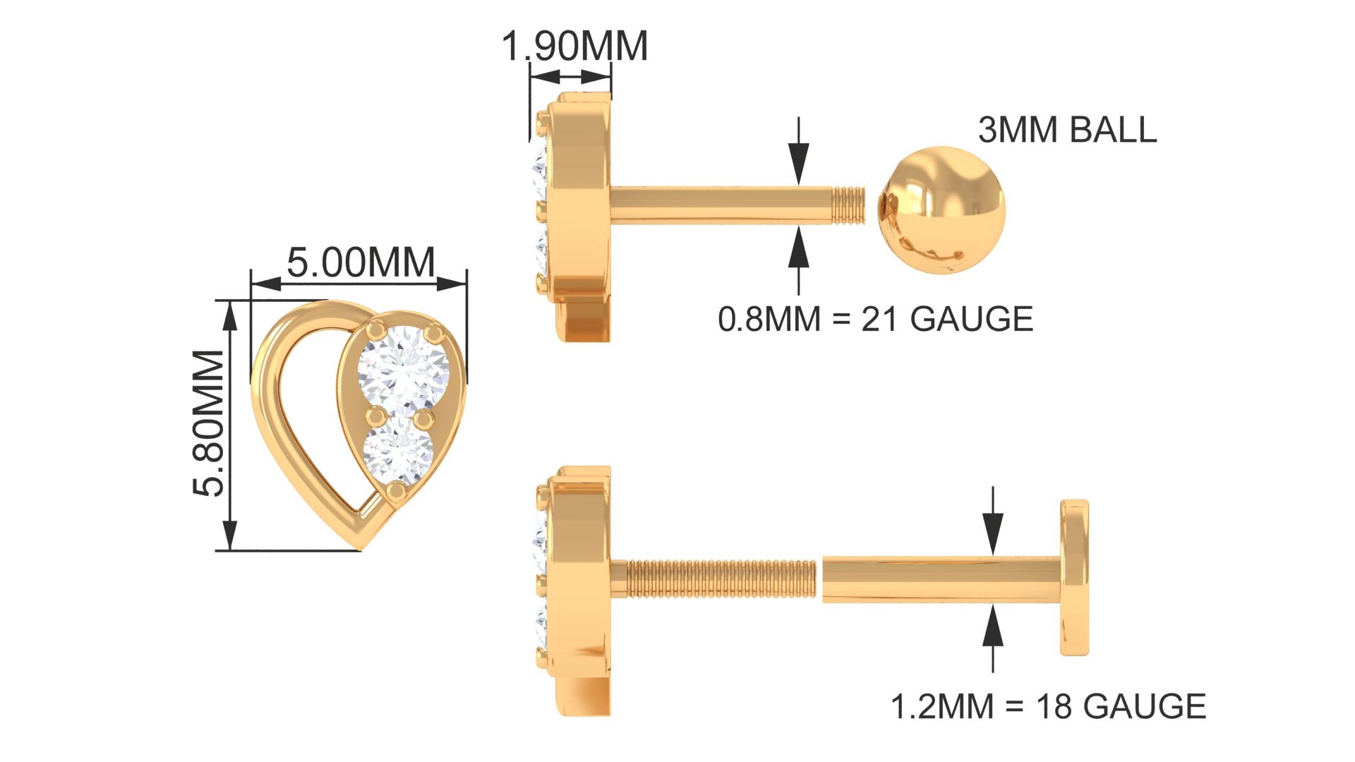 Real Diamond Heart Earring for Conch Piercing Diamond - ( HI-SI ) - Color and Clarity - Jewel Pierce