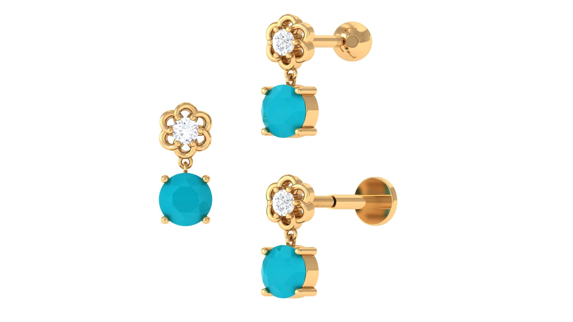 Genuine Turquoise Floral Drop Earring with Diamond Turquoise - ( AAA ) - Quality - Jewel Pierce