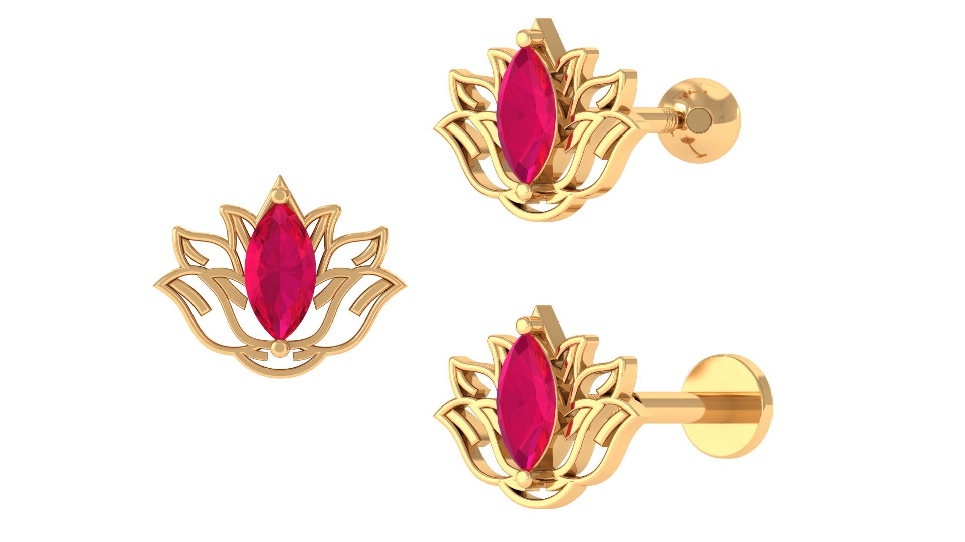 Marquise Ruby Lotus Earring for Helix Piercing Ruby - ( AAA ) - Quality - Jewel Pierce